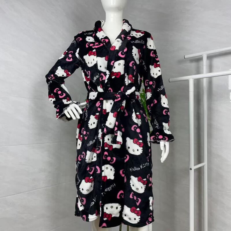 Bathrobe - ชุดนอนเฮลโลคิตตี้ใหม่ฤดูใบไม้ร่วงฤดูหนาวเสื้อคลุมอาบน้ำความยาวปานกลางที่ให้ความอบอุ่น ชุดนอนผู้หญิงที่ให้ความอบอุ่น เสื้อผ้าสำหรับใส่ในบ้านสามารถสวมใส่ได้นอกเสื้อคลุม